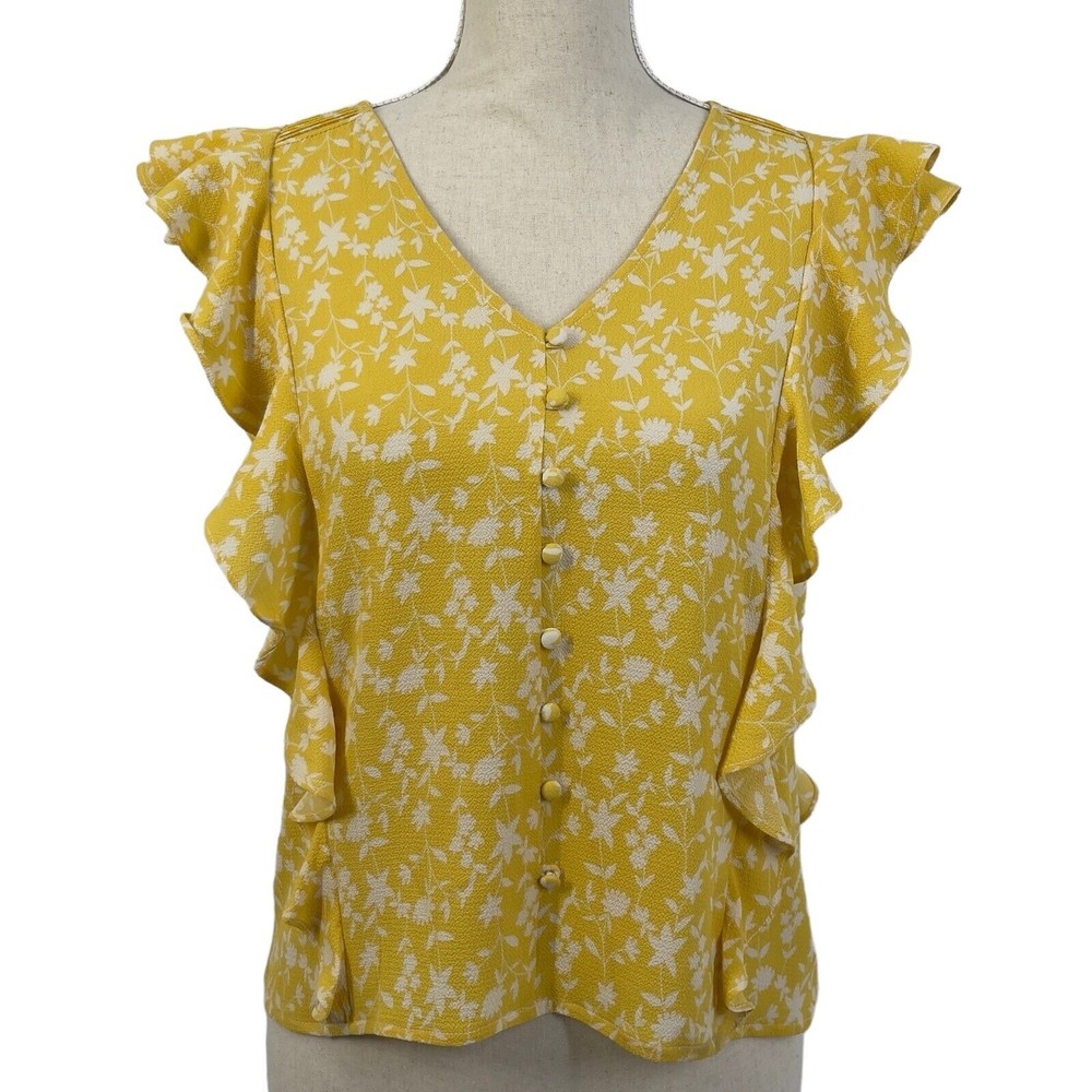 BB Dakota Womens All The Frills Ruffle Crepe V Neck Yellow Floral Blouse Small